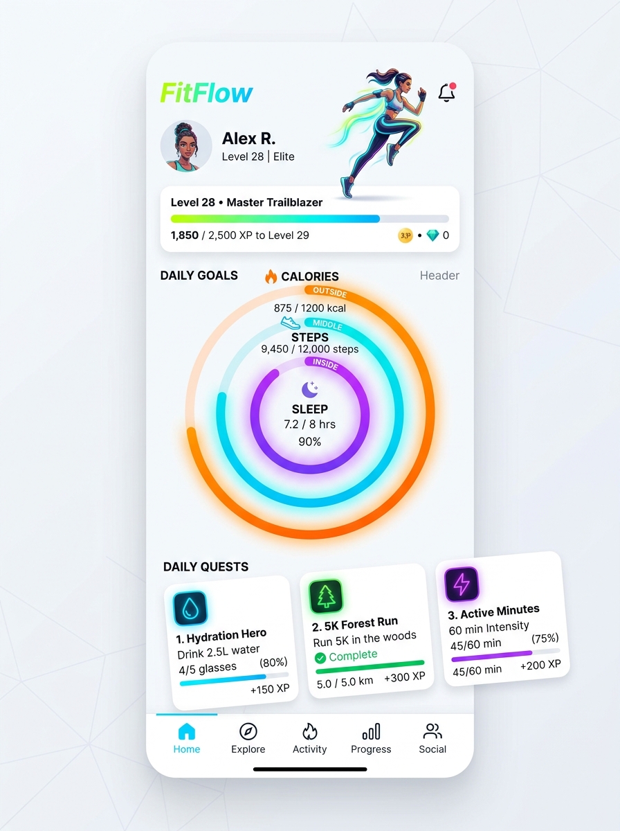 FitFlow Mobile App displaying a gamified dashboard with a character avatar, workout rings, and daily quests